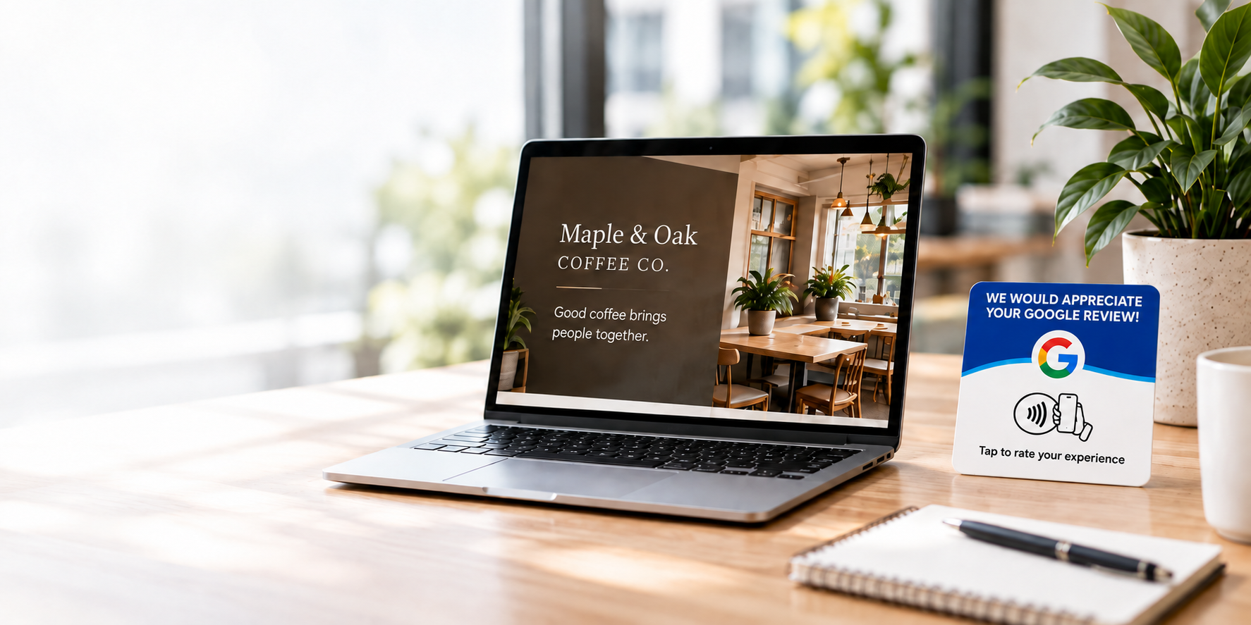 A business website on a laptop and Google Review NFC Card in a bright workspace