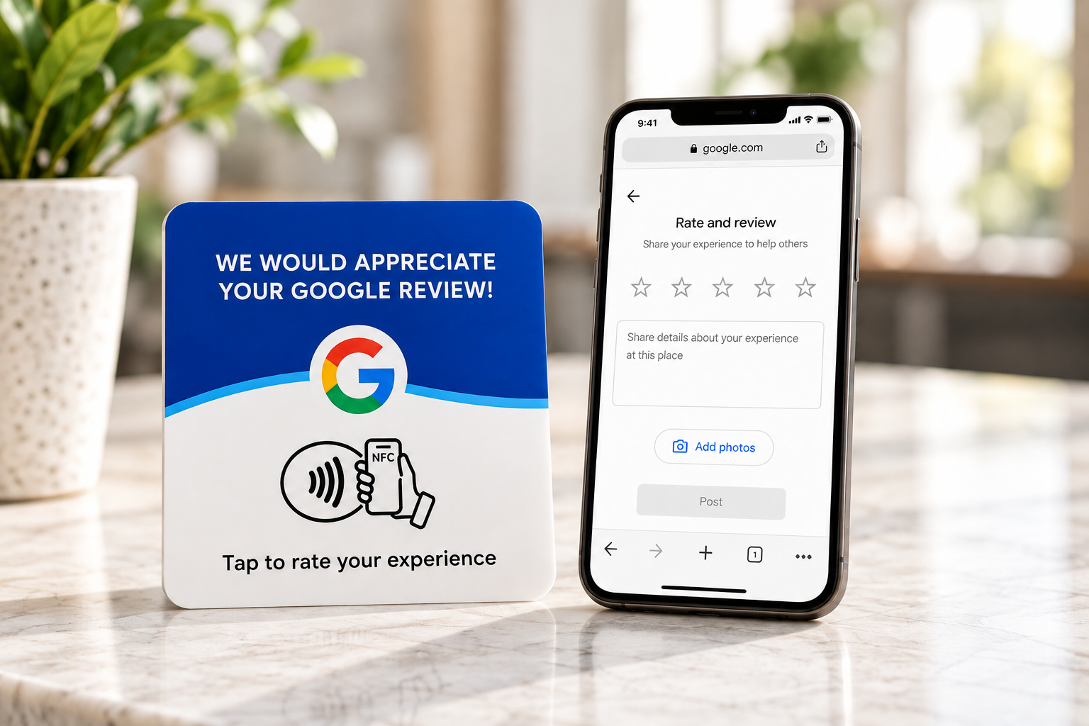Google Review NFC Card beside a phone displaying a review form