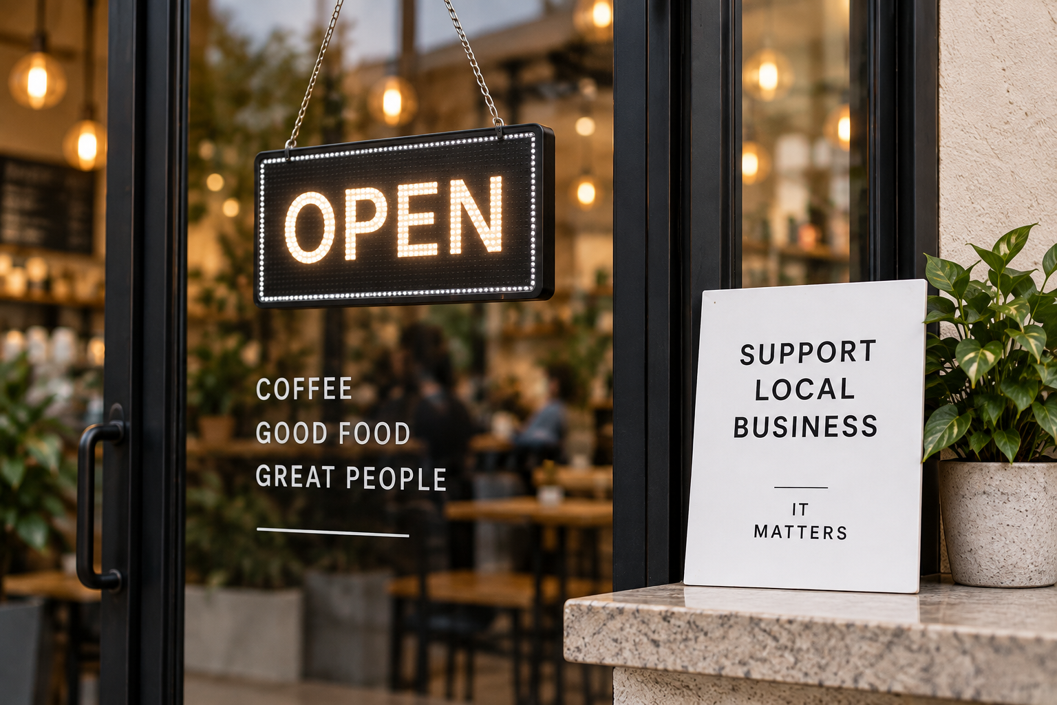 An illuminated OPEN sign and printed countertop display